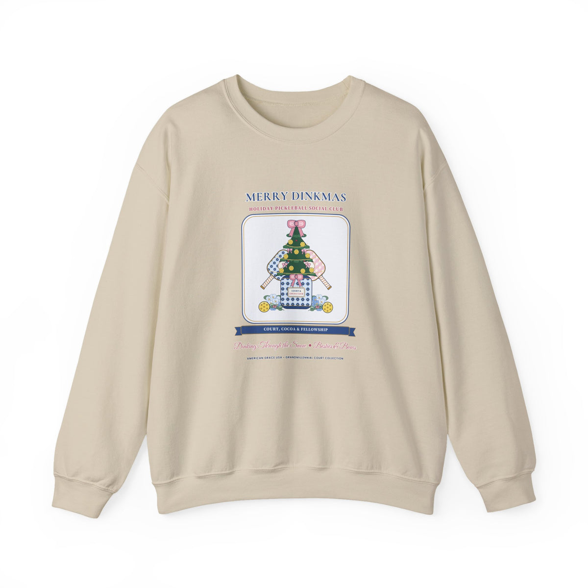 "Merry Dinkmas • Court & Cocoa Club" Chinoiserie Ginger-Jar Christmas Tree & Pickleball Paddles Holiday Sweatshirt | Coquette Crewneck