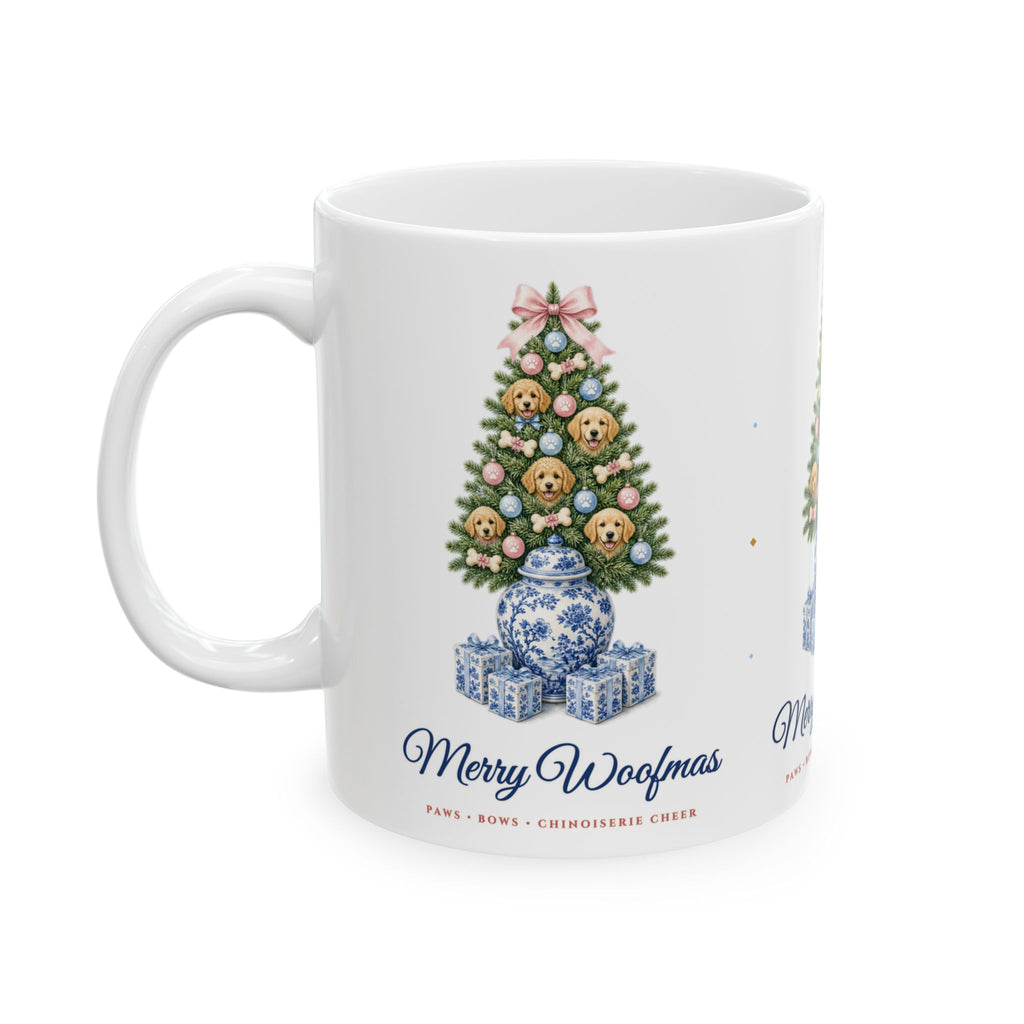 "Merry Woofmas" Chinoiserie Ginger-Jar Christmas Tree & Golden Doodle Dog Mom Holiday Ceramic Mug (11oz / 15oz) | Dog Lover Gift