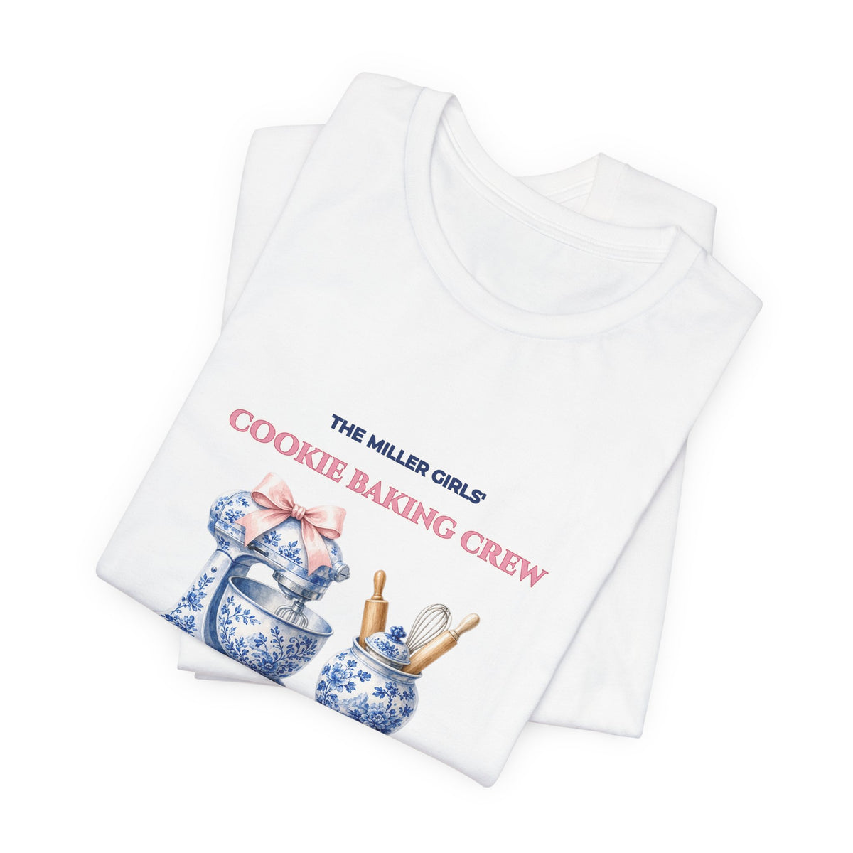 Personalized Custom Family or Besties Christmas Cookie Baking Crew Shirt | Chinoiserie Stand Mixer & Coquette Bow Bella+Canvas 3001 Tee