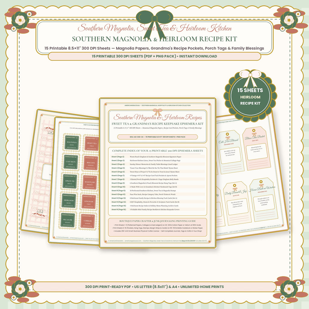 Southern Magnolia Sweet Tea and Grandmas Heirloom Recipe Printable Junk Journal Kit 15 Sheets Cover by AmericanGraceUSA