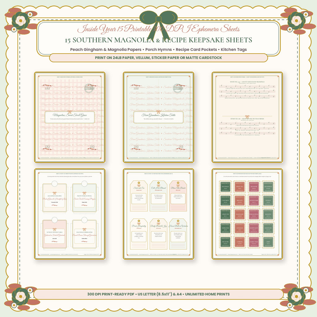 Inside 15 Southern Magnolia and Recipe Keepsake Sheets Peach Gingham Porch Hymns Recipe Pockets and Kitchen Tags