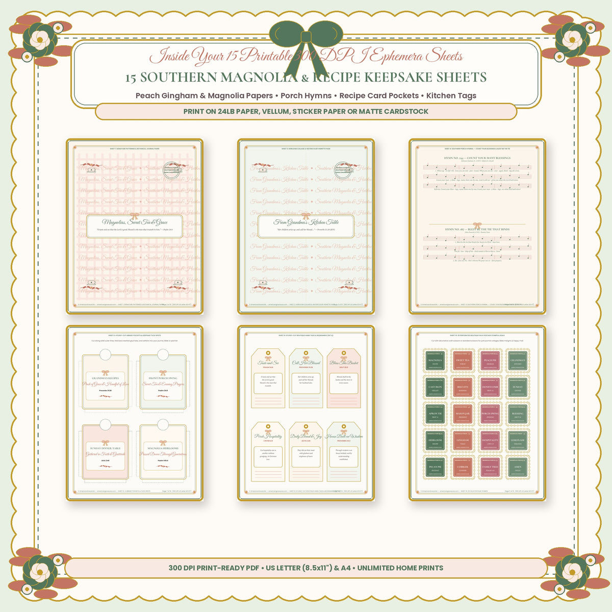 Inside 15 Southern Magnolia and Recipe Keepsake Sheets Peach Gingham Porch Hymns Recipe Pockets and Kitchen Tags