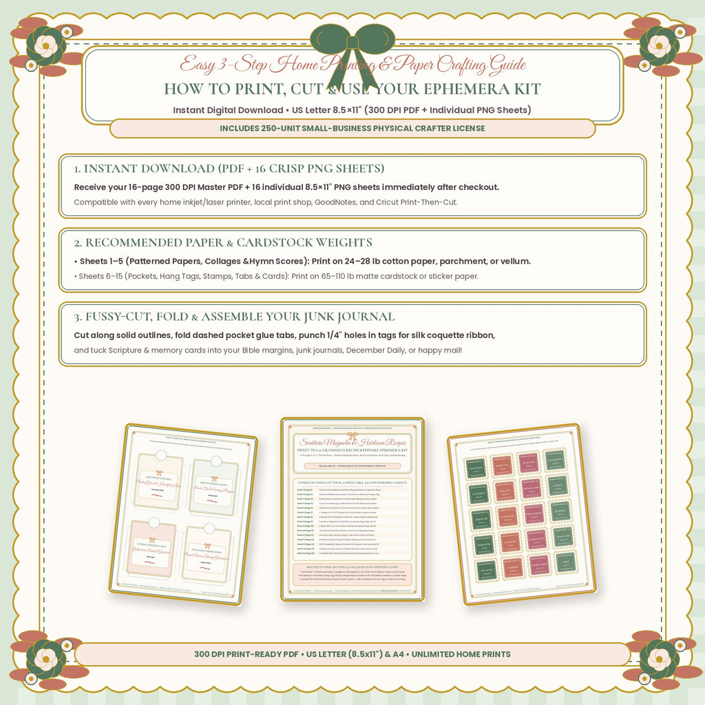 How to Print Cut and Use Your Southern Magnolia Recipe Junk Journal Kit 300 DPI Guide