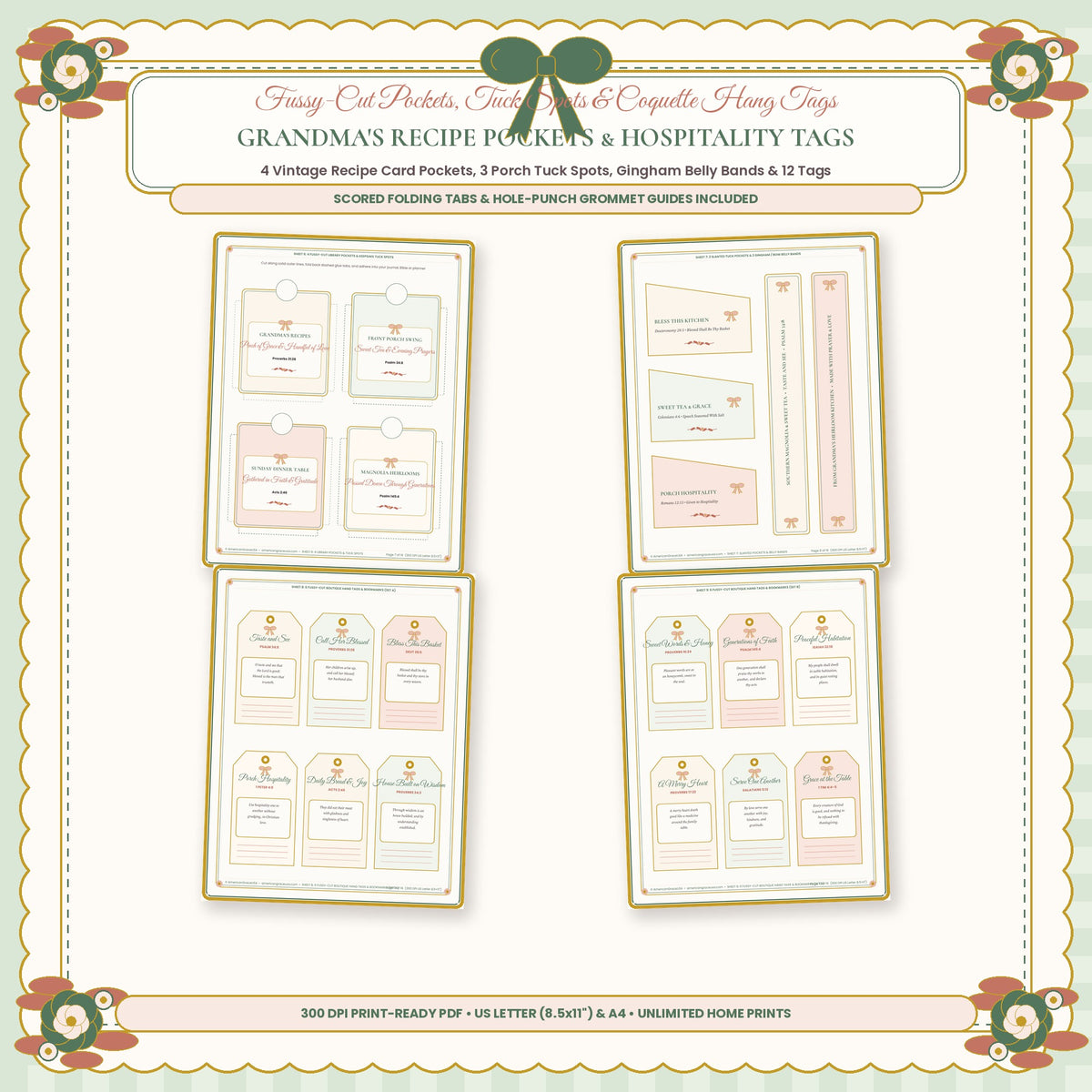 Grandmas Recipe Card Tuck Pockets Belly Bands and Southern Hospitality Tags Closeup