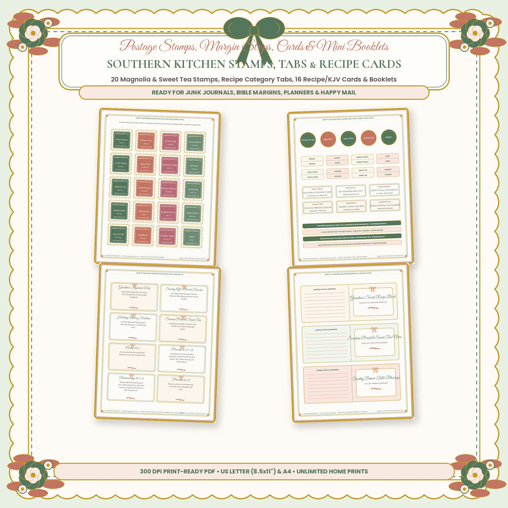 Southern Kitchen Postage Stamps Recipe Category Tabs and Lined Recipe Cards Closeup