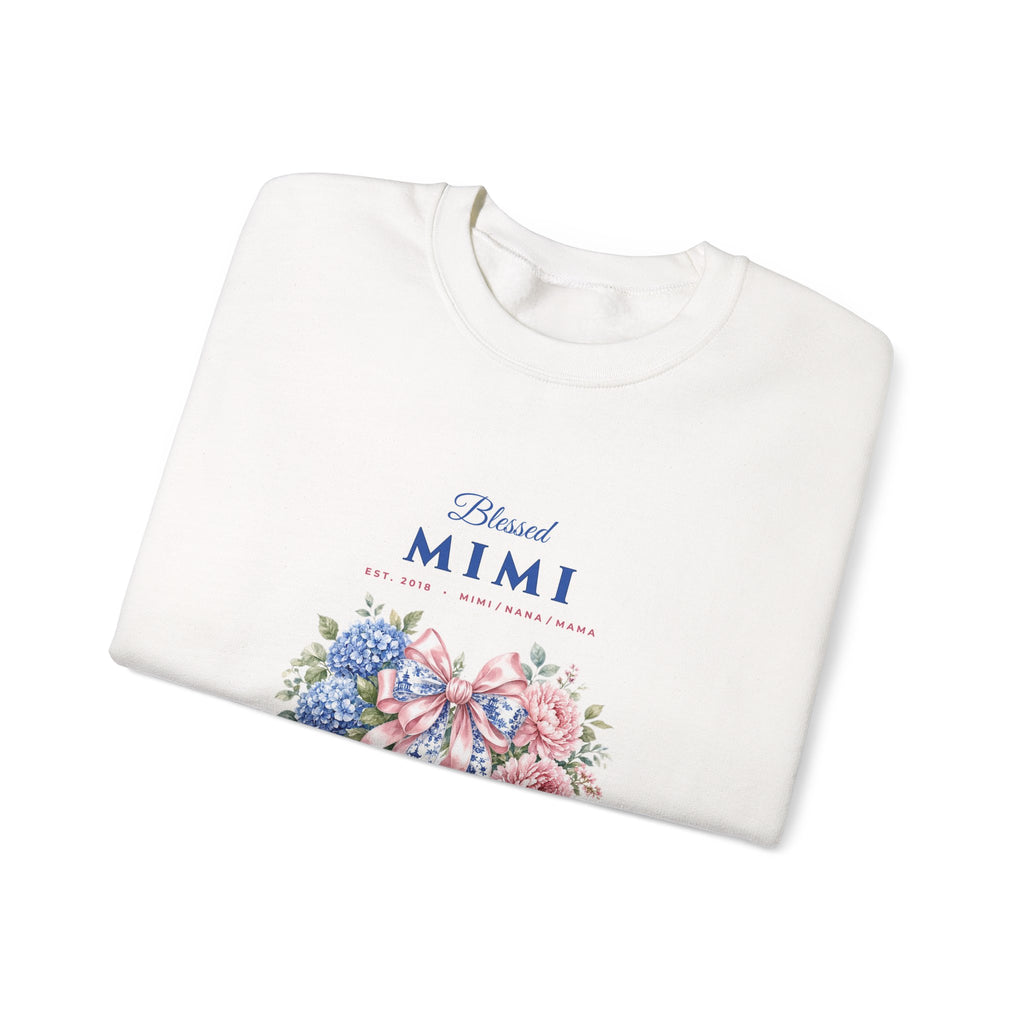 Personalized Blessed Mimi, Nana or Mama Chinoiserie Bow & Grandkids Names Sweatshirt | Custom Floral Coquette Grandma & Mom Crewneck