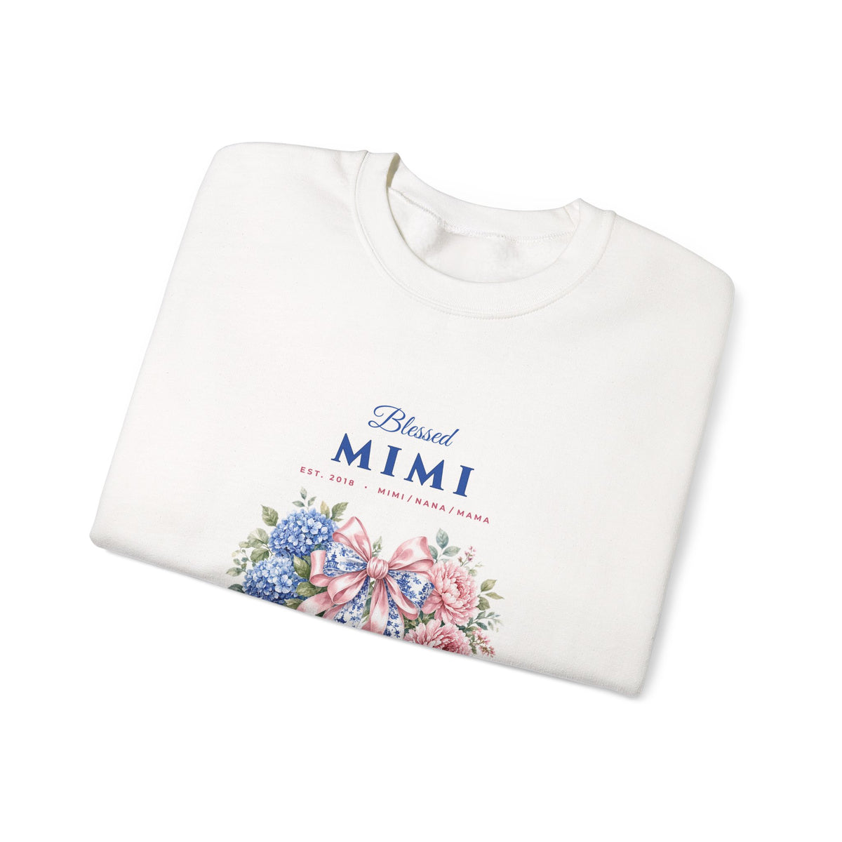 Personalized Blessed Mimi, Nana or Mama Chinoiserie Bow & Grandkids Names Sweatshirt | Custom Floral Coquette Grandma & Mom Crewneck