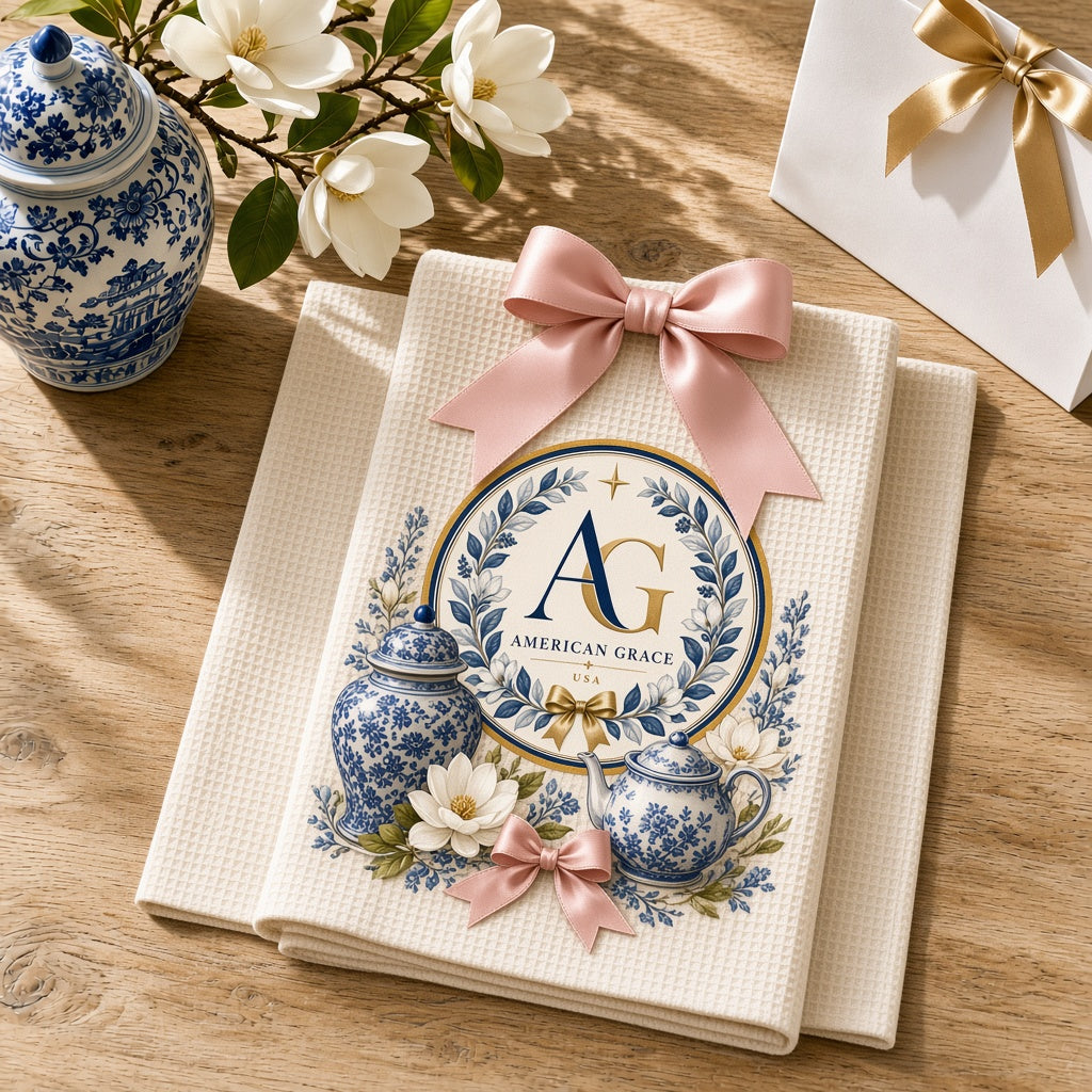 Hannah's "Tea, Honey & Grace" Honeycomb Waffle Kitchen Tea Towel — American Grace USA — Sunlit White Oak Table Close-Up