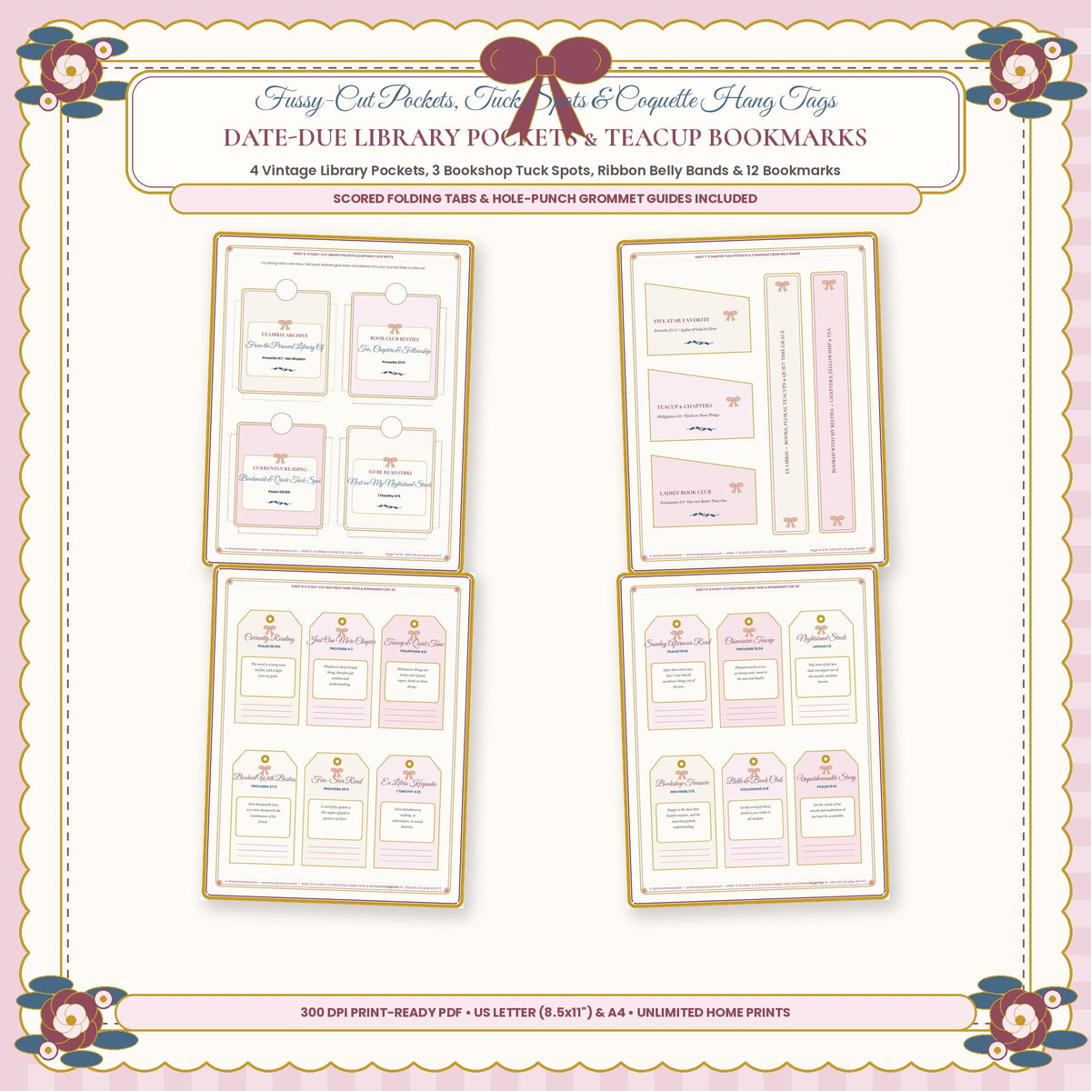 Date Due Library Pockets Ribbon Belly Bands and Floral Teacup Bookmarks Closeup