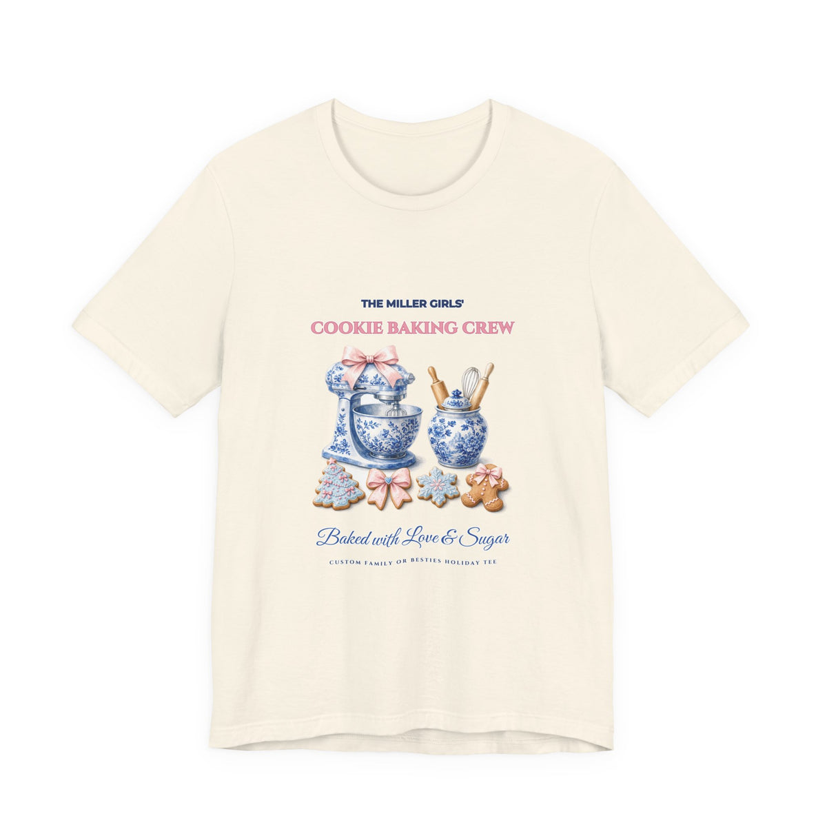Personalized Custom Family or Besties Christmas Cookie Baking Crew Shirt | Chinoiserie Stand Mixer & Coquette Bow Bella+Canvas 3001 Tee