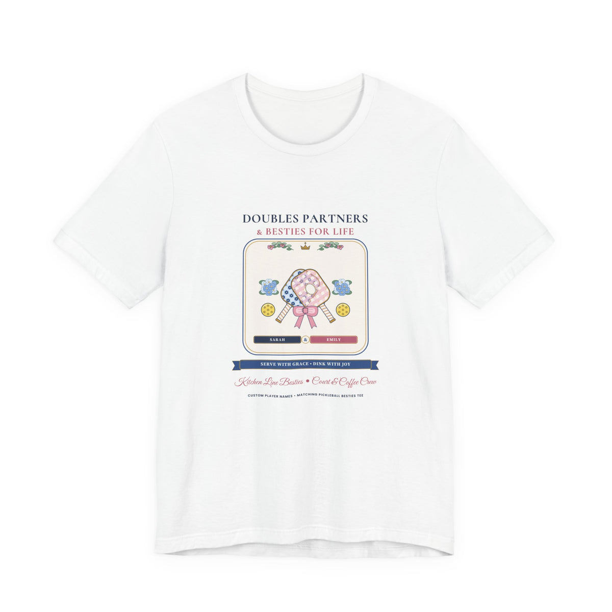 Personalized "Doubles Partners & Besties for Life" Preppy Chinoiserie Pickleball Shirt | Custom Names Matching Court Besties Bella+Canvas Tee