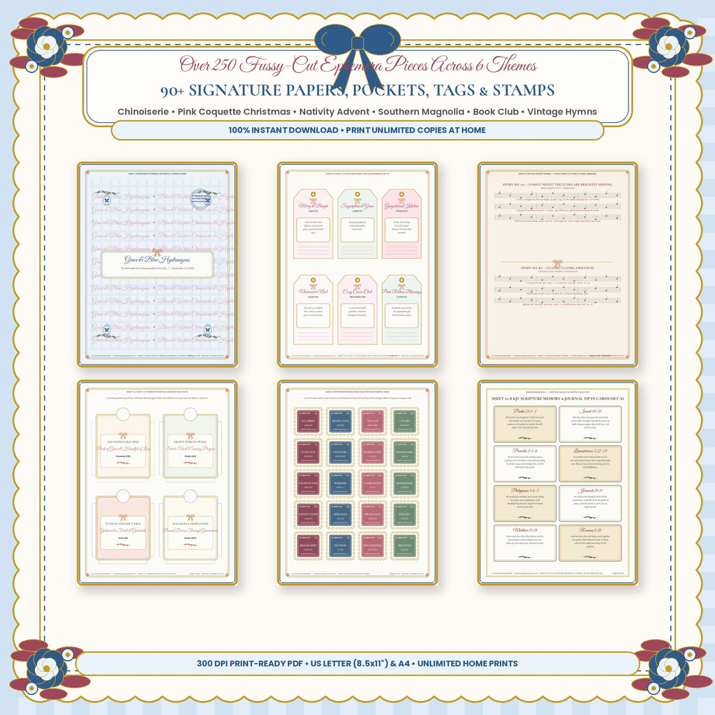 Over 250 Fussy Cut Ephemera Pieces Across 6 Complete Themes Chinoiserie Pink Christmas Nativity Magnolia Book Club and Hymns