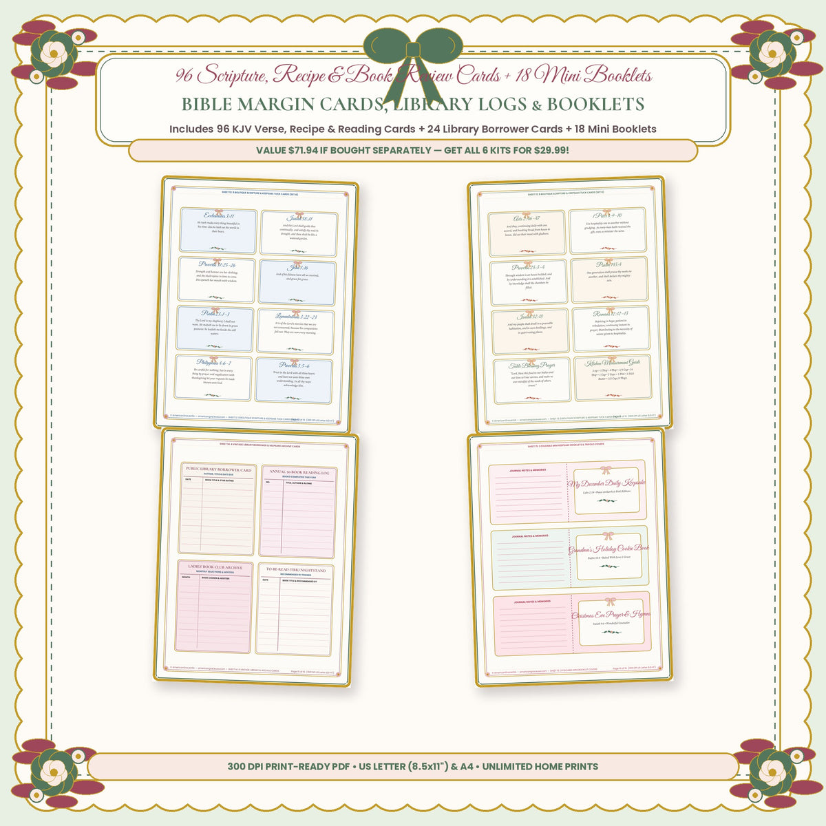 96 Bible Margin Scripture Recipe and Book Review Cards Plus 24 Library Cards and 18 Mini Booklets Closeup