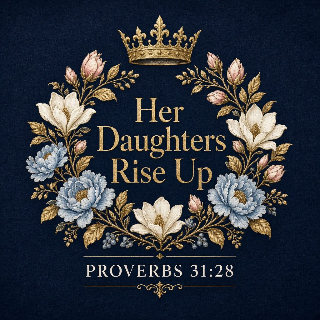 Her Daughters Rise Up Proverbs 31:28 gold crown floral wreath design
