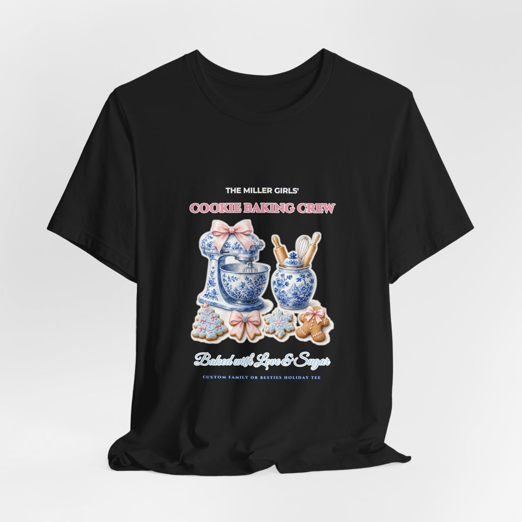 Personalized Custom Family or Besties Christmas Cookie Baking Crew Shirt | Chinoiserie Stand Mixer & Coquette Bow Bella+Canvas 3001 Tee