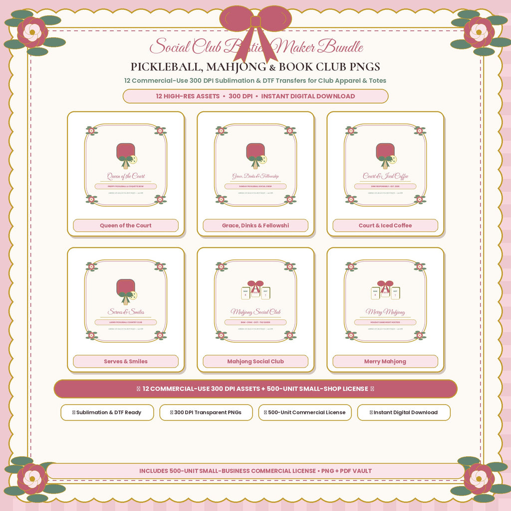 PICKLEBALL, MAHJONG & BOOK CLUB PNGS (AG-DIG-28) — Soft Feminine Boutique Hero Cover Card (300 DPI Instant Digital Download) | American Grace USA