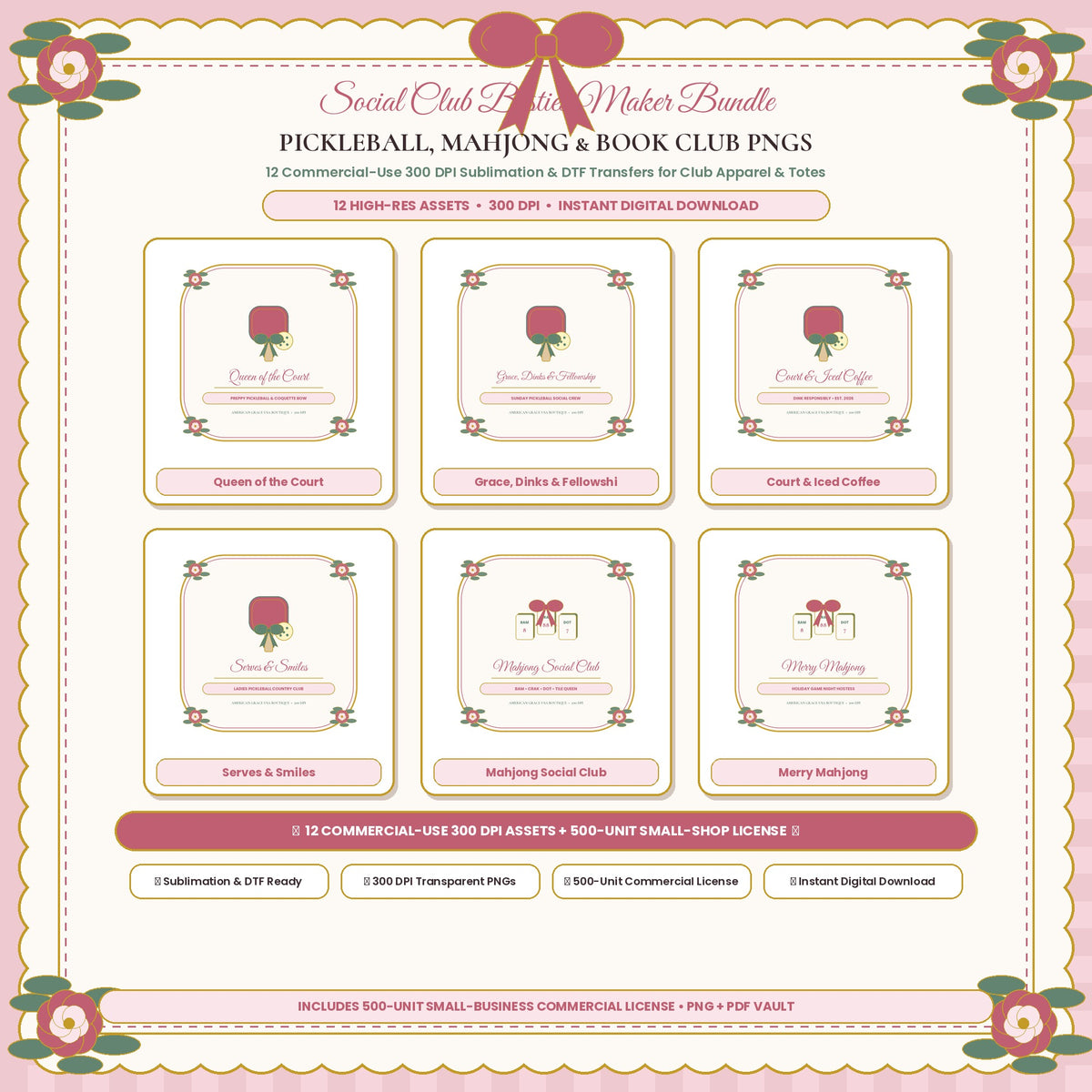 PICKLEBALL, MAHJONG & BOOK CLUB PNGS (AG-DIG-28) — Soft Feminine Boutique Hero Cover Card (300 DPI Instant Digital Download) | American Grace USA