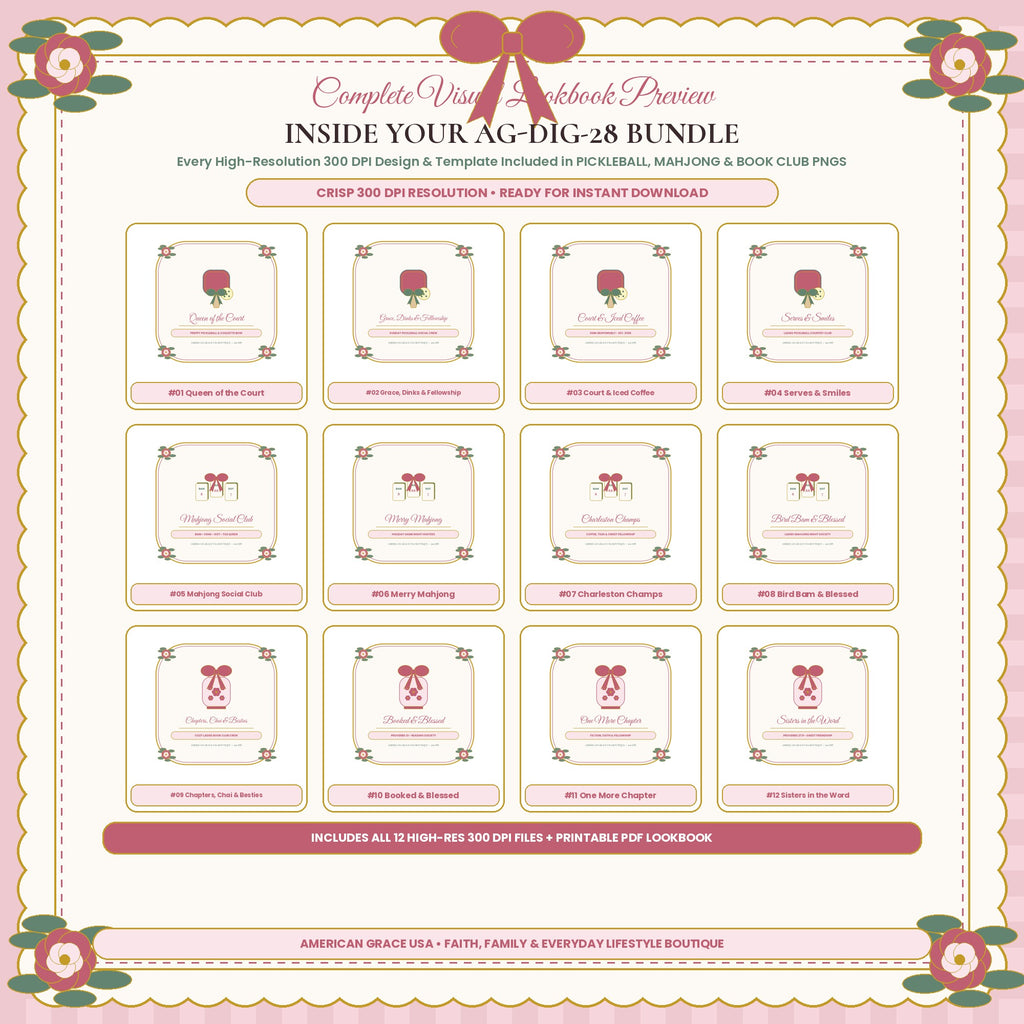 PICKLEBALL, MAHJONG & BOOK CLUB PNGS (AG-DIG-28) — Complete 300 DPI Visual Preview Grid of All Included Designs | American Grace USA