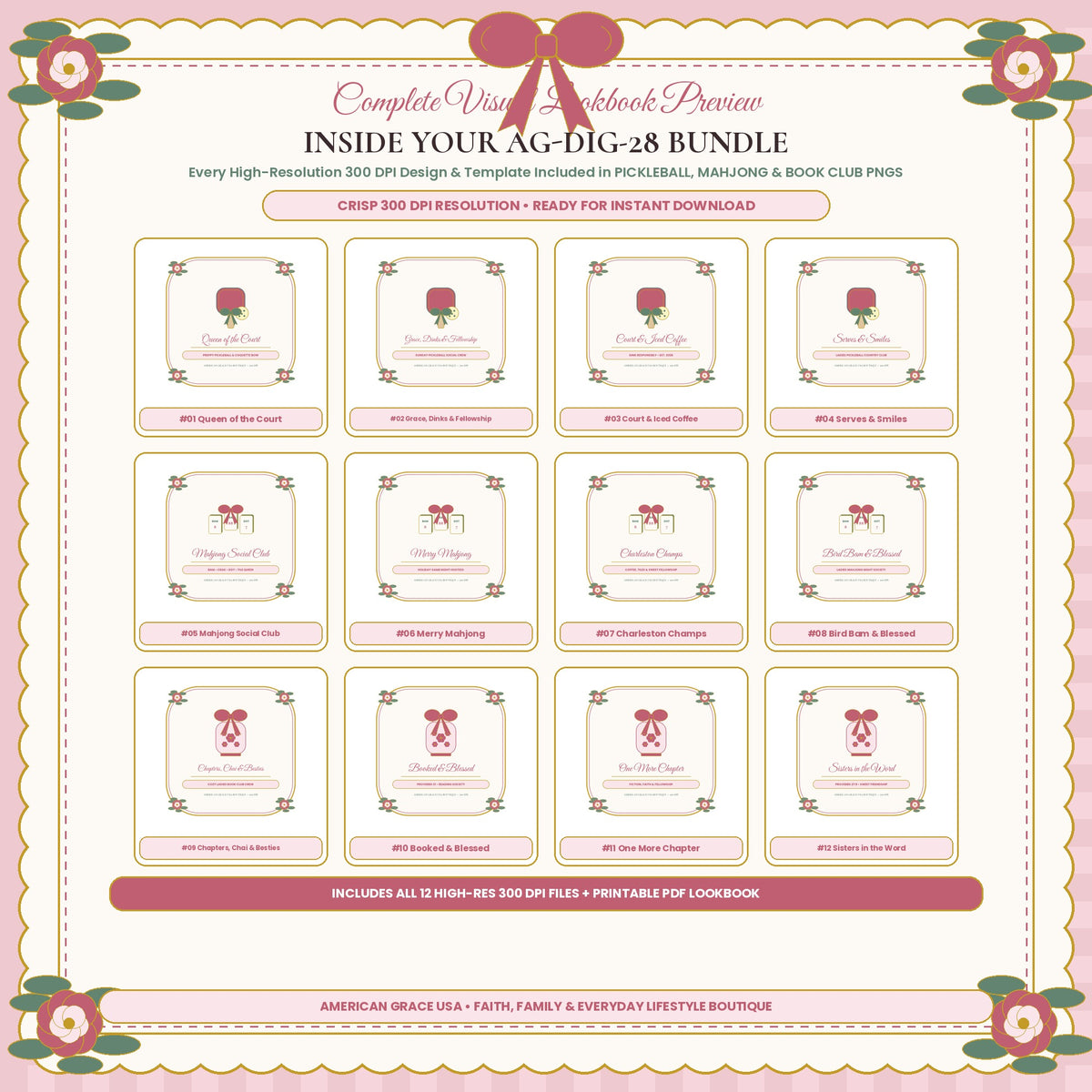 PICKLEBALL, MAHJONG & BOOK CLUB PNGS (AG-DIG-28) — Complete 300 DPI Visual Preview Grid of All Included Designs | American Grace USA