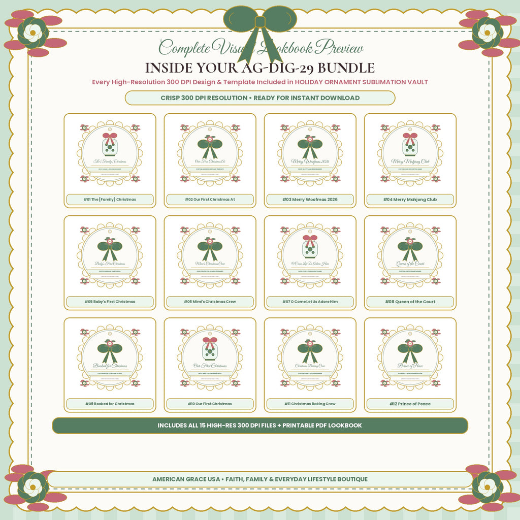 HOLIDAY ORNAMENT SUBLIMATION VAULT (AG-DIG-29) — Complete 300 DPI Visual Preview Grid of All Included Designs | American Grace USA