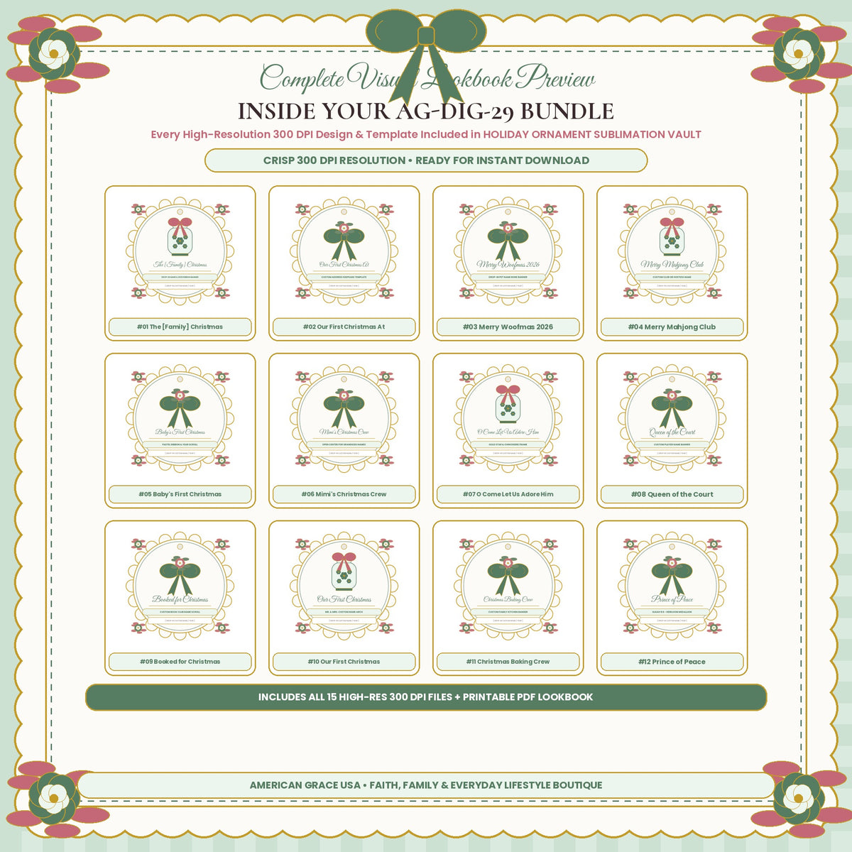 HOLIDAY ORNAMENT SUBLIMATION VAULT (AG-DIG-29) — Complete 300 DPI Visual Preview Grid of All Included Designs | American Grace USA