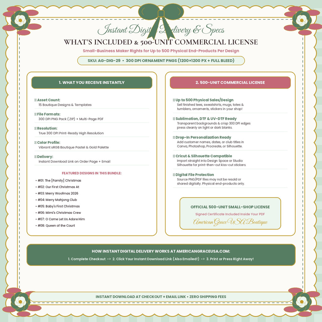 HOLIDAY ORNAMENT SUBLIMATION VAULT (AG-DIG-29) — What's Included & 500-Unit Commercial License / Printing Spec Guide | American Grace USA