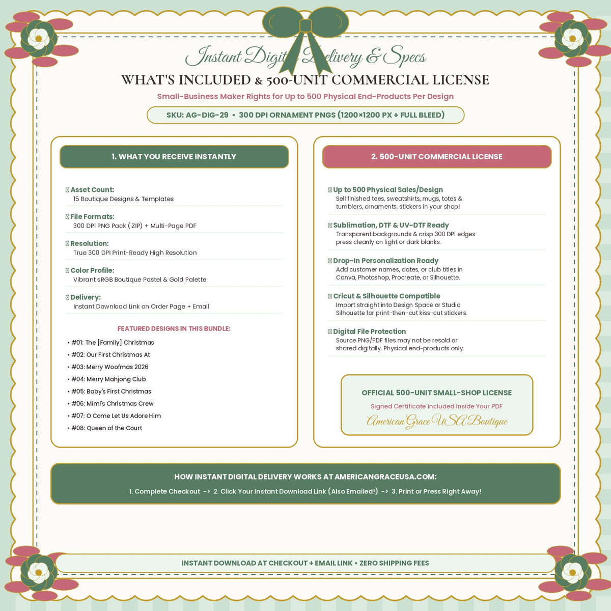HOLIDAY ORNAMENT SUBLIMATION VAULT (AG-DIG-29) — What's Included & 500-Unit Commercial License / Printing Spec Guide | American Grace USA