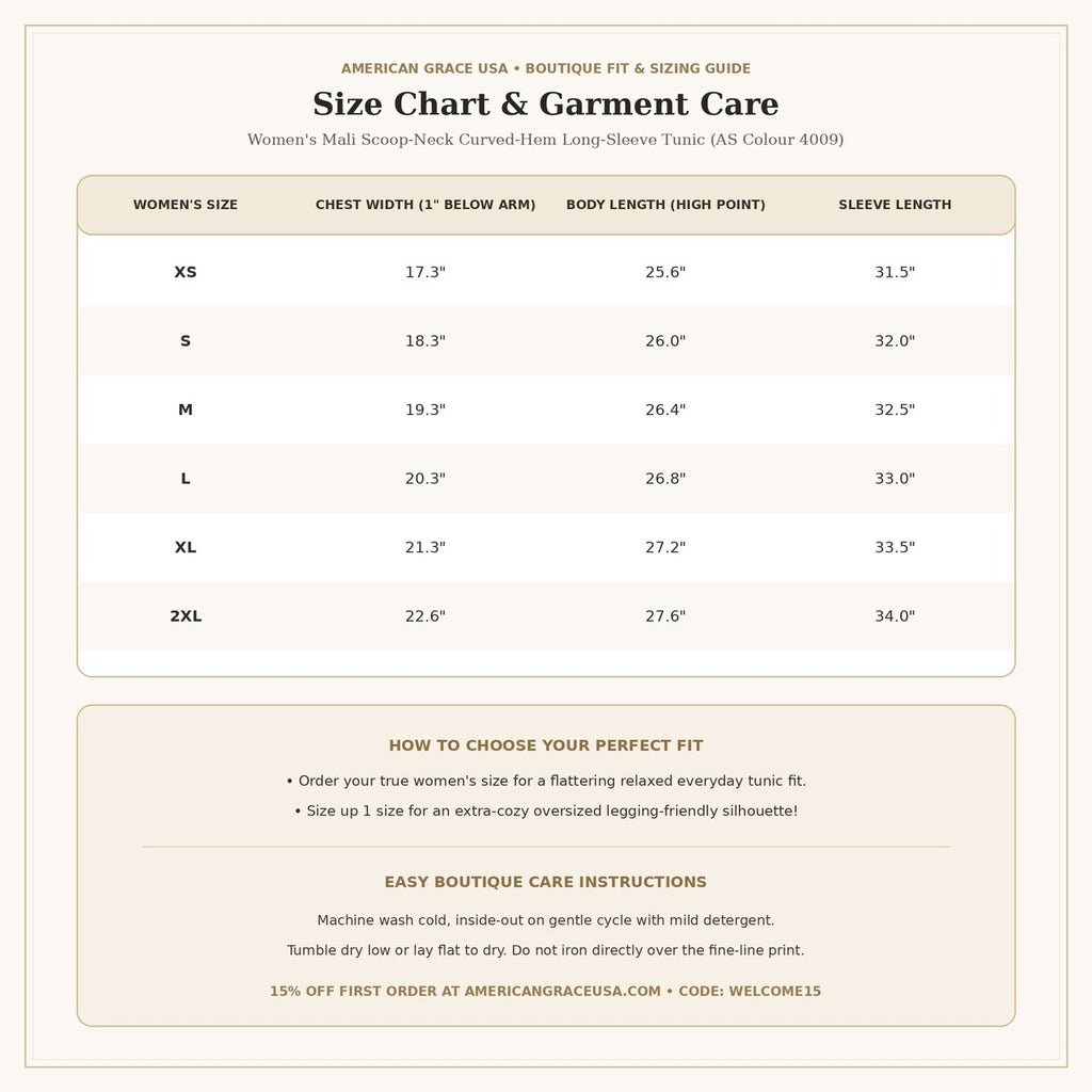 Women's Mali Scoop-Neck Curved-Hem Long Sleeve Size Chart & Care Guide | American Grace USA