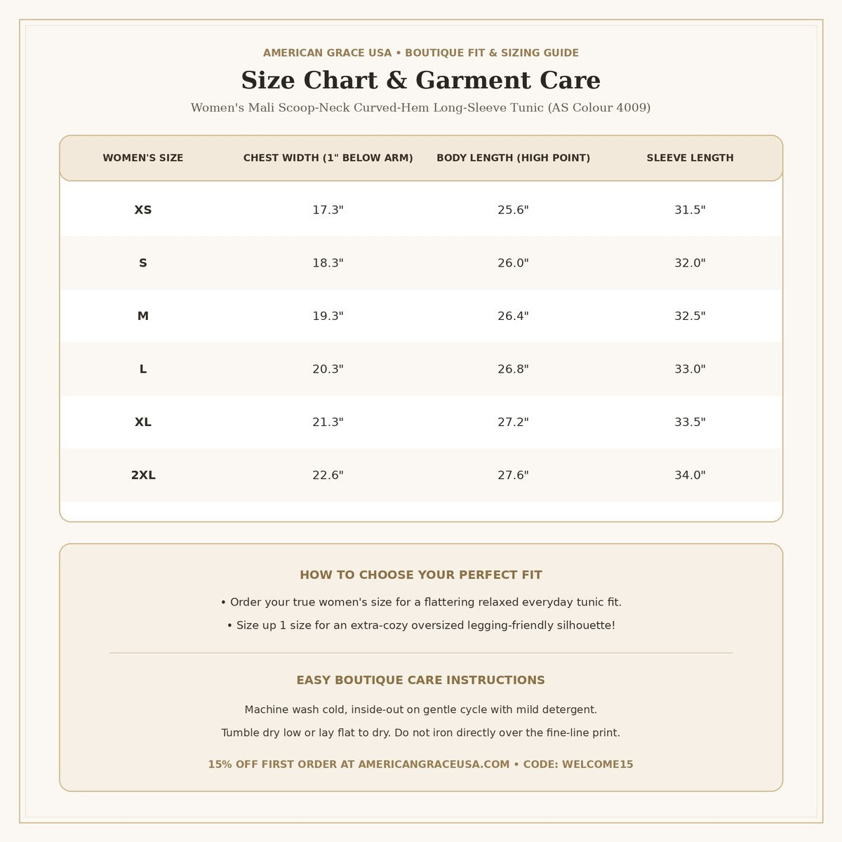 Women's Mali Scoop-Neck Curved-Hem Long Sleeve Size Chart & Care Guide | American Grace USA