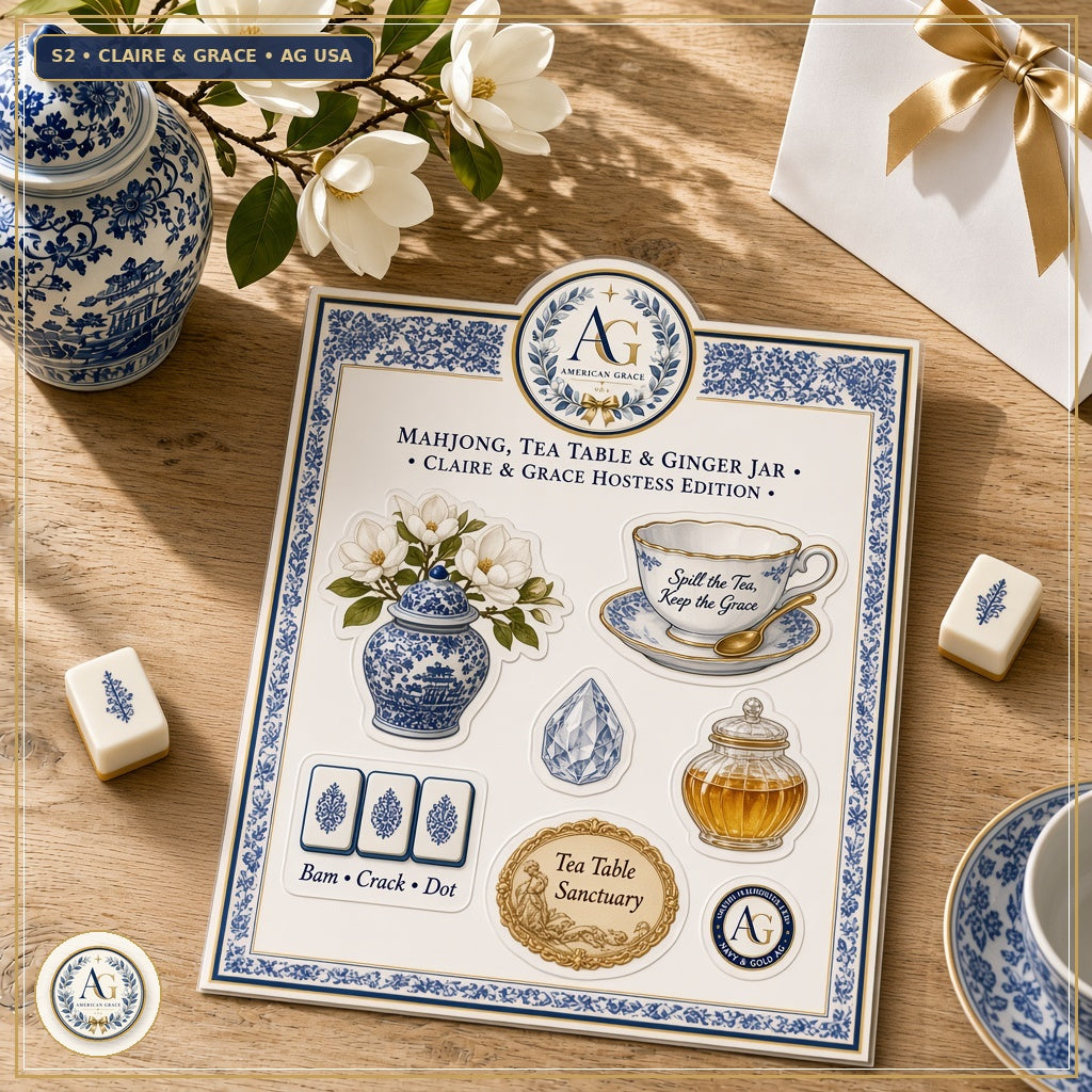 Claire & Grace's "Mahjong, Tea Table & Ginger Jar" AG-Bordered Kiss-Cut Collector's Sticker Sheet — Flagship Boutique Oak Table Studio