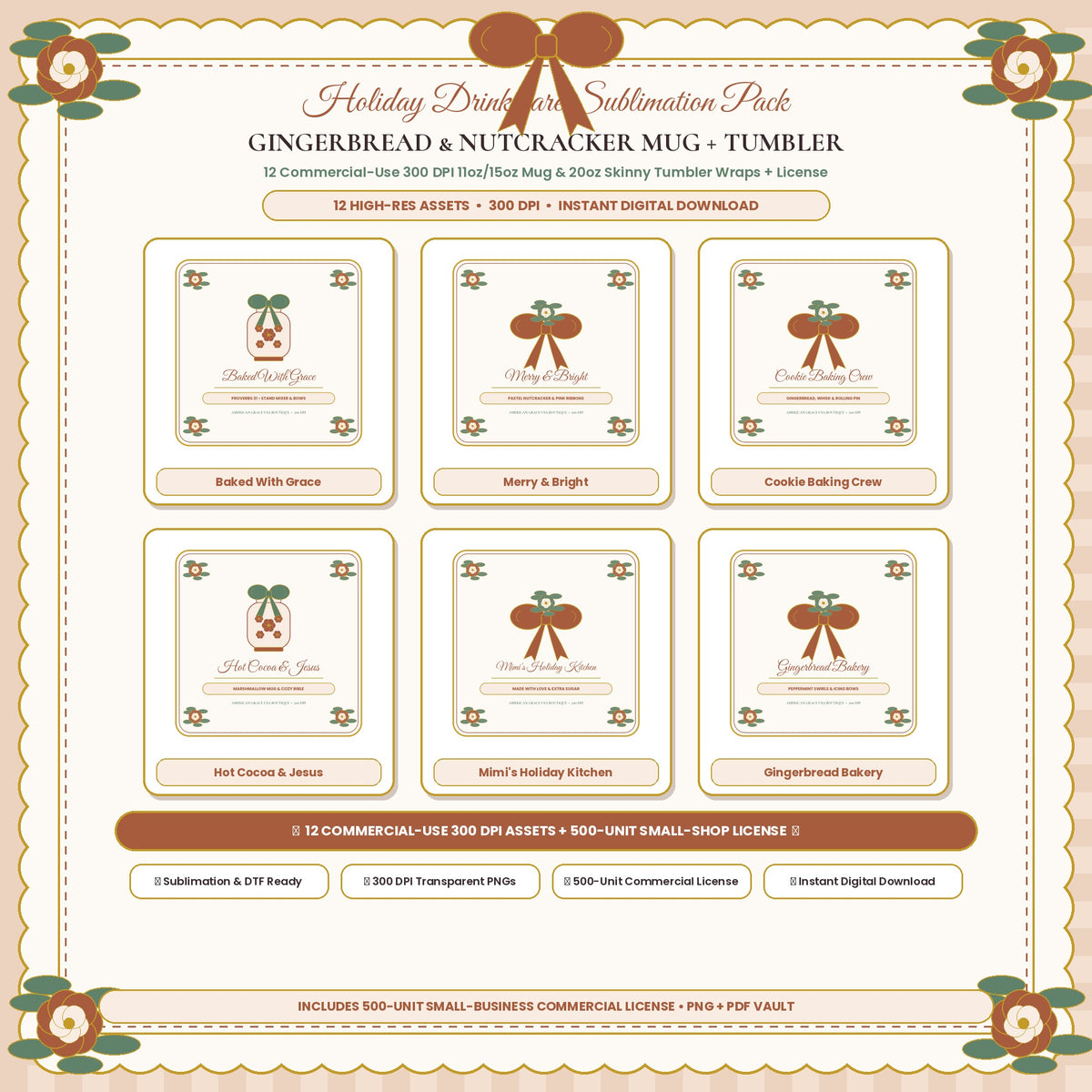 GINGERBREAD & NUTCRACKER MUG + TUMBLER (AG-DIG-30) — Soft Feminine Boutique Hero Cover Card (300 DPI Instant Digital Download) | American Grace USA