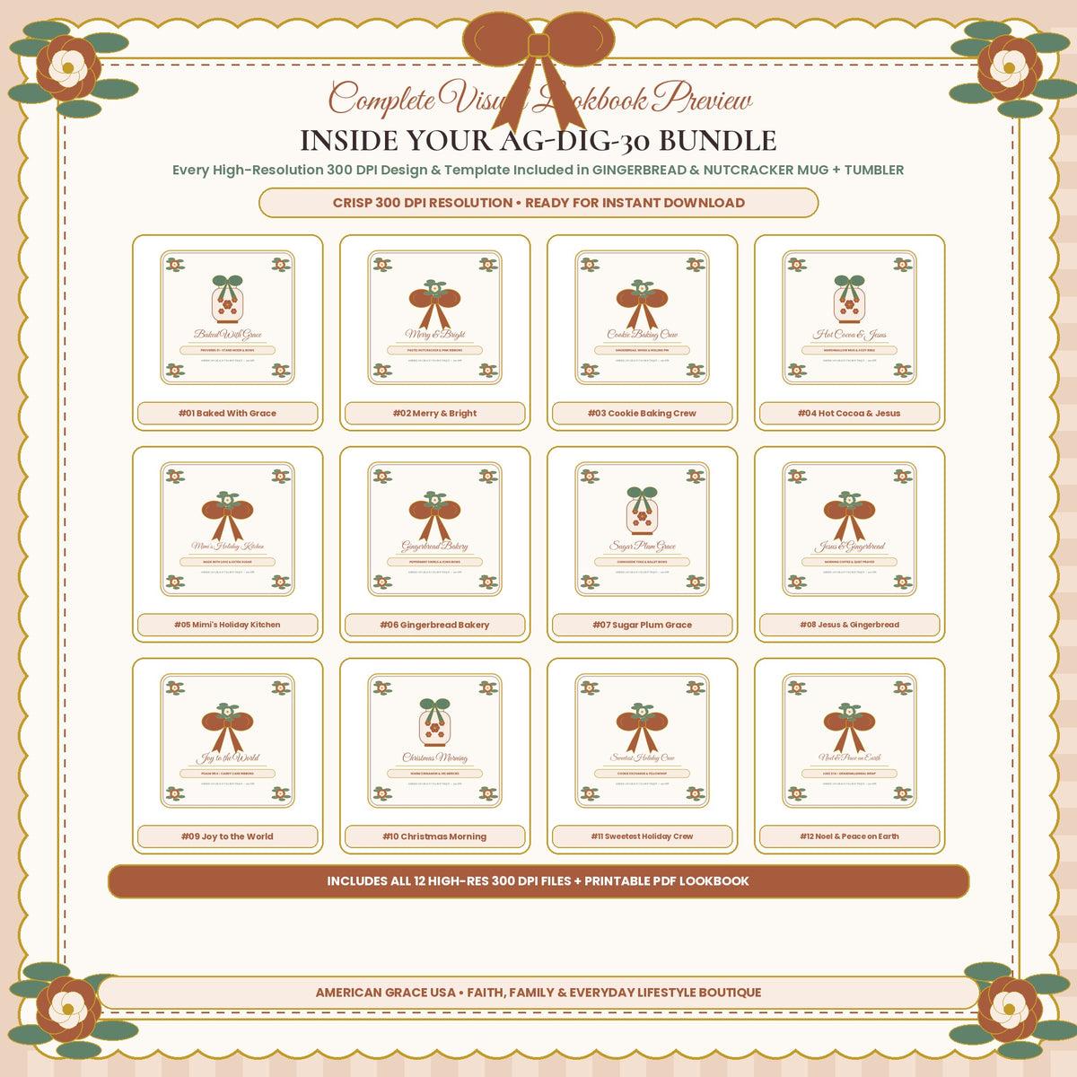 GINGERBREAD & NUTCRACKER MUG + TUMBLER (AG-DIG-30) — Complete 300 DPI Visual Preview Grid of All Included Designs | American Grace USA