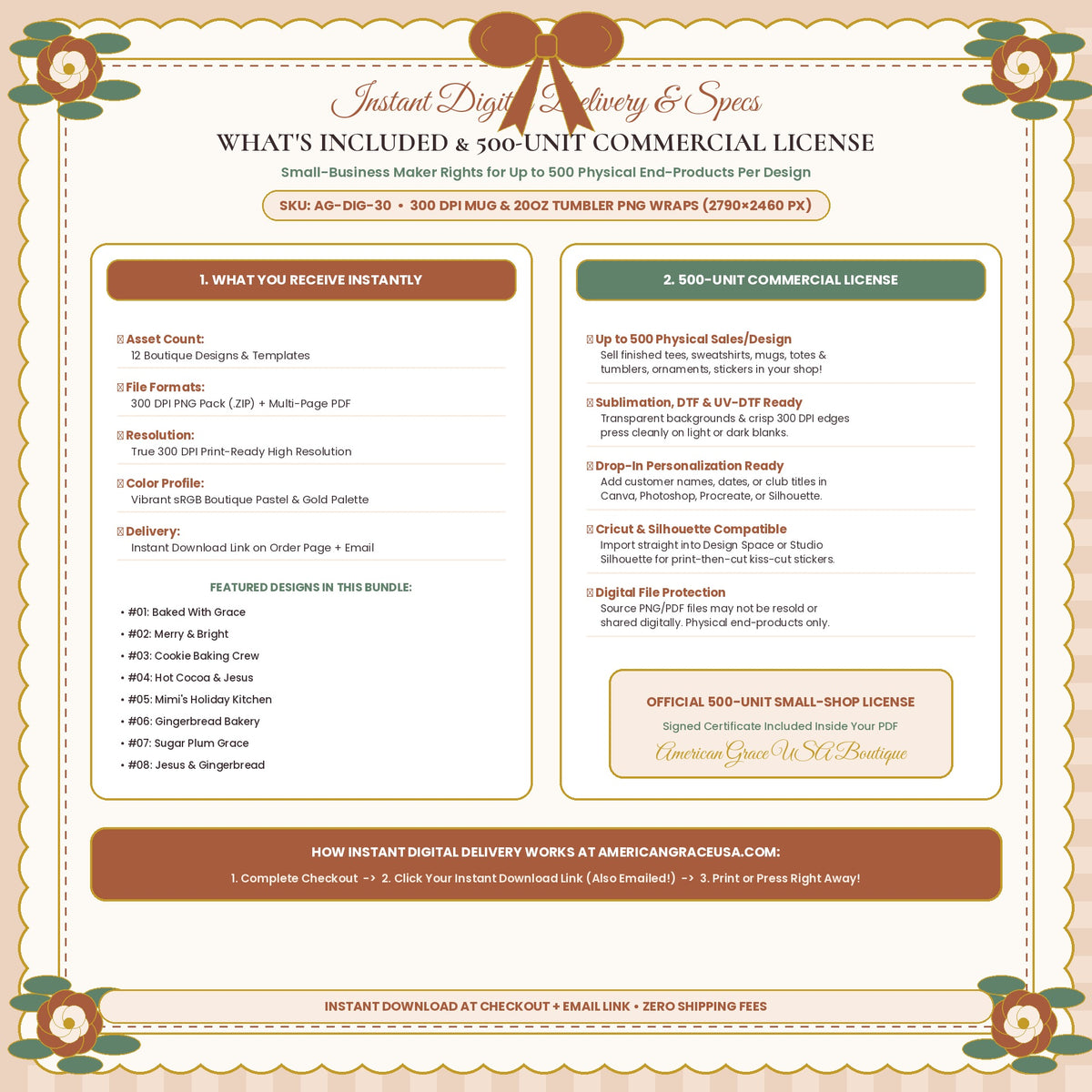 GINGERBREAD & NUTCRACKER MUG + TUMBLER (AG-DIG-30) — What's Included & 500-Unit Commercial License / Printing Spec Guide | American Grace USA
