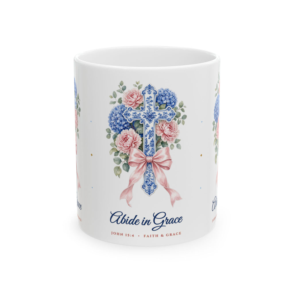 "Abide in Grace • John 15:4" Chinoiserie Ginger-Jar & Blue Hydrangea Cross Christian Coffee Mug (11oz / 15oz) | Coquette Faith Gift