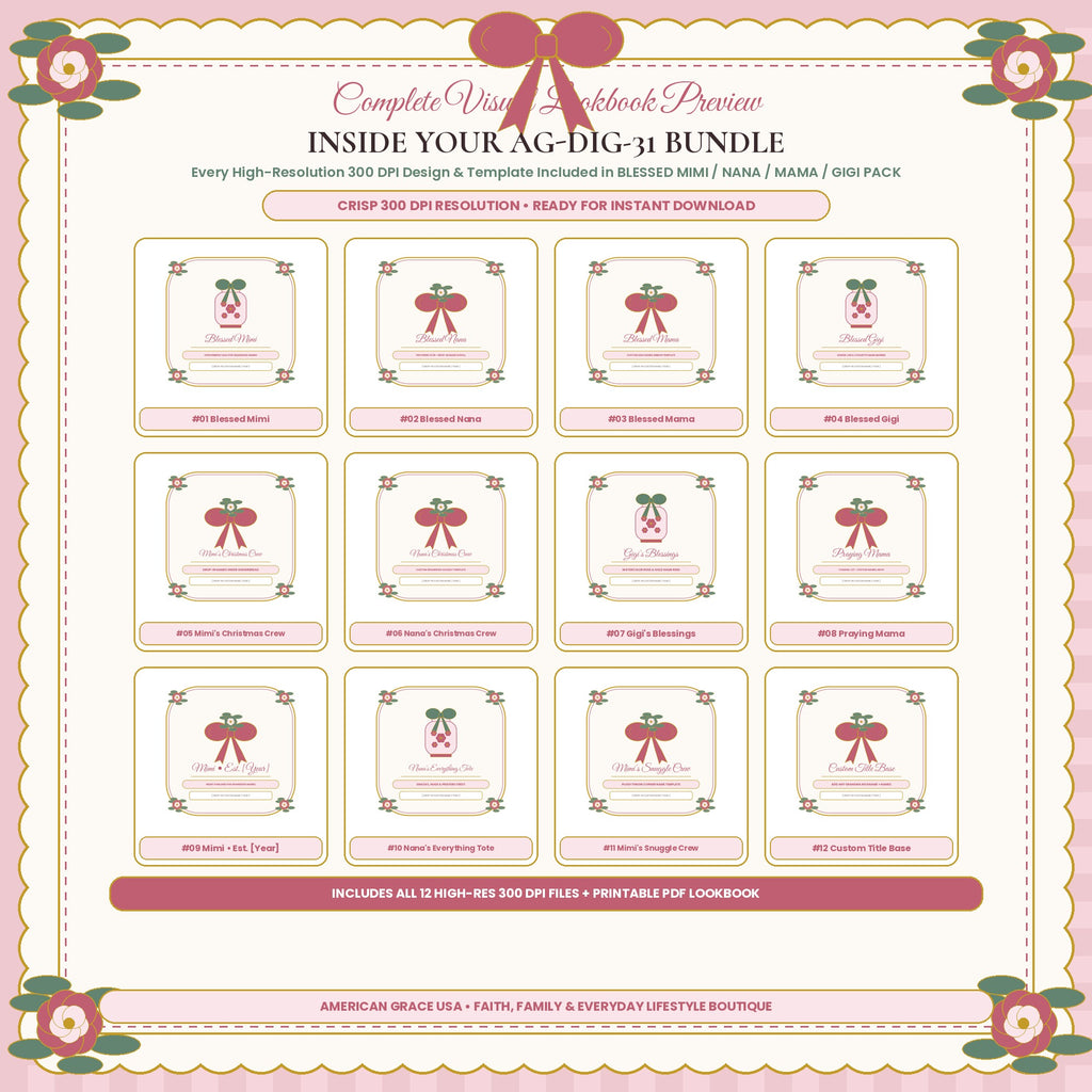 BLESSED MIMI / NANA / MAMA / GIGI PACK (AG-DIG-31) — Complete 300 DPI Visual Preview Grid of All Included Designs | American Grace USA