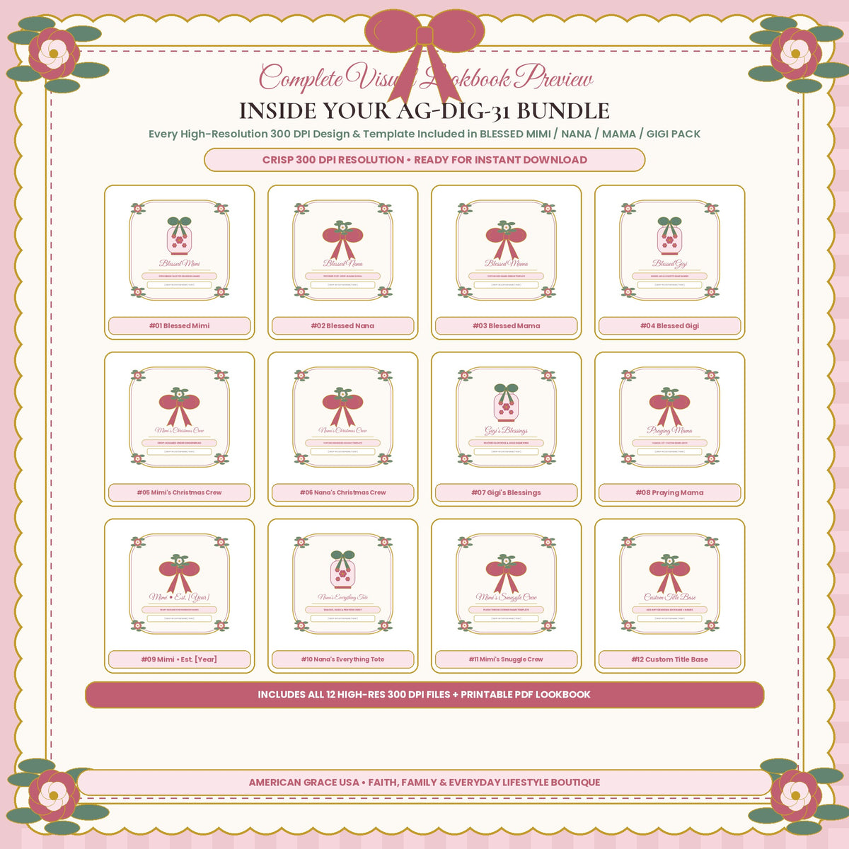 BLESSED MIMI / NANA / MAMA / GIGI PACK (AG-DIG-31) — Complete 300 DPI Visual Preview Grid of All Included Designs | American Grace USA