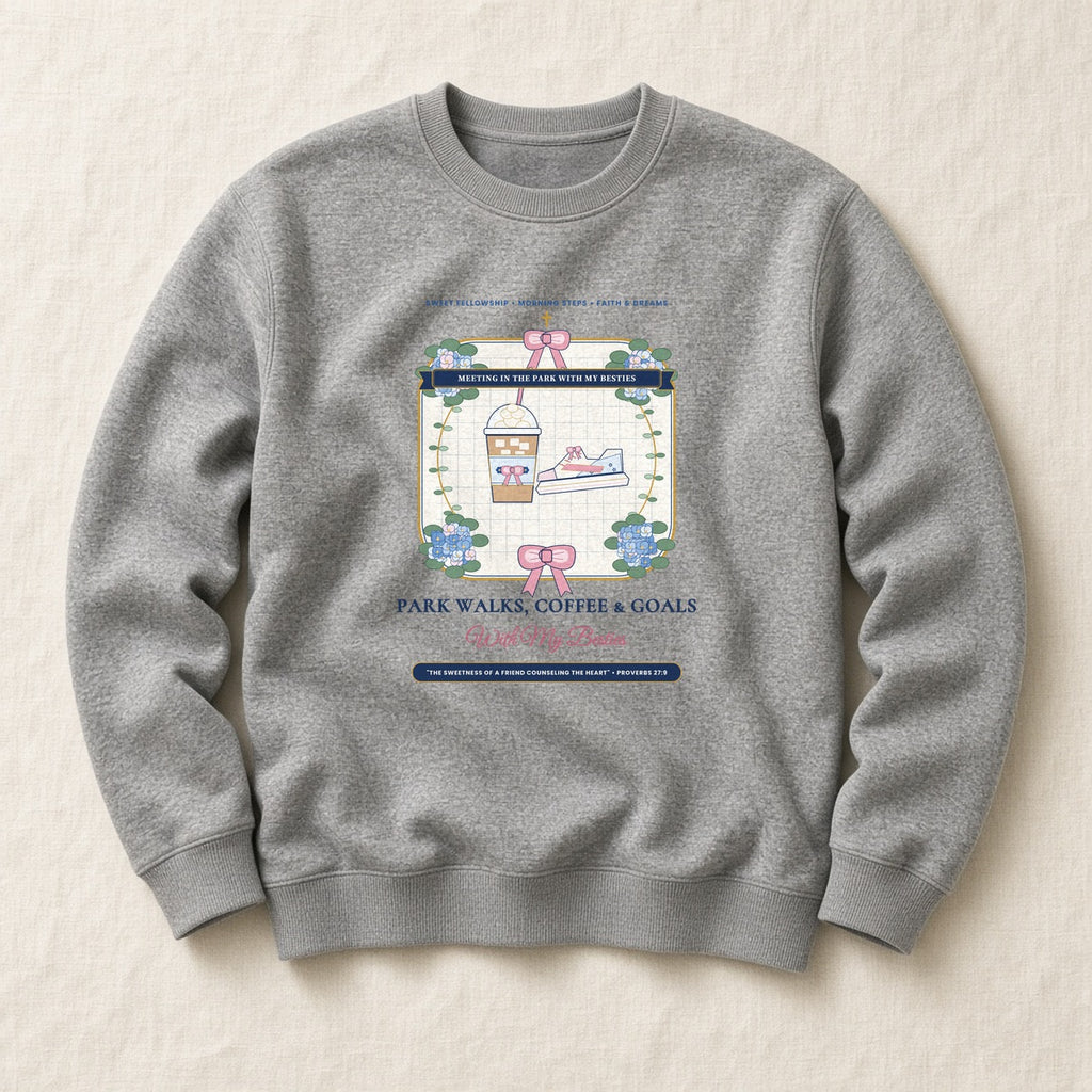 Park Walks Coffee & Goals With My Besties Sponge Fleece Sweatshirt in Athletic Heather Flat-Lay | American Grace USA