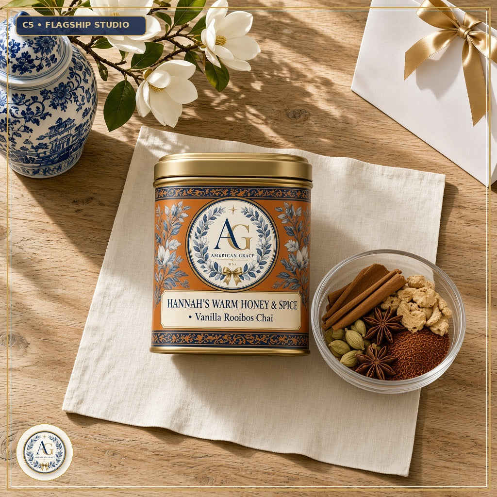 Hannah & Claire's Warm Honey & Spice Chai — USDA Organic Cinnamon, Cardamom & Vanilla Rooibos Tin (American Grace USA) — Flagship Boutique Oak Table Studio