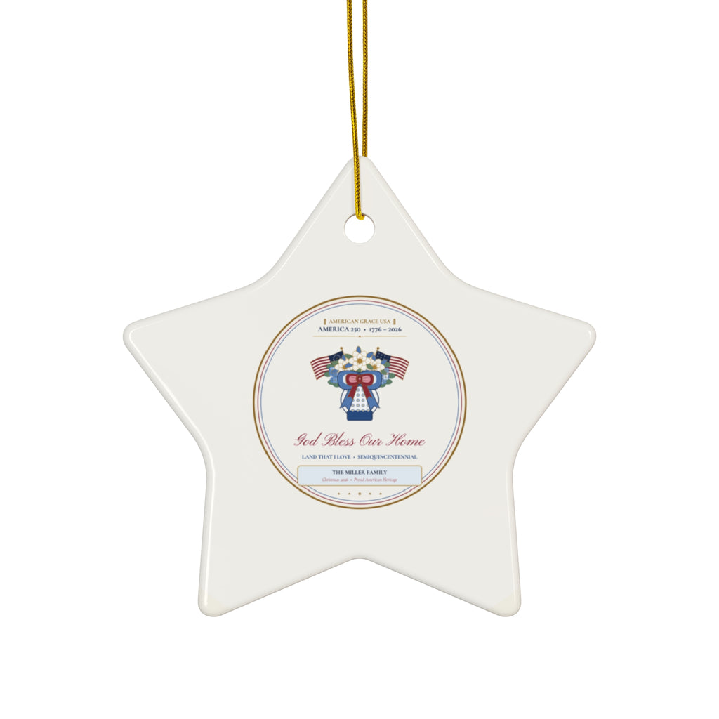 Personalized "God Bless Our Home • America 250 (1776–2026)" Chinoiserie Ginger-Jar & Flag Ceramic Christmas Ornament