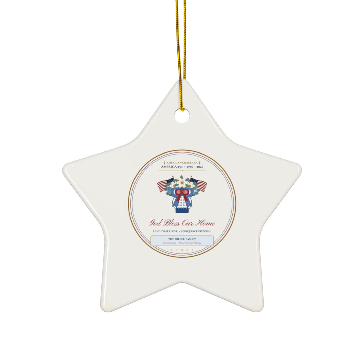 Personalized "God Bless Our Home • America 250 (1776–2026)" Chinoiserie Ginger-Jar & Flag Ceramic Christmas Ornament