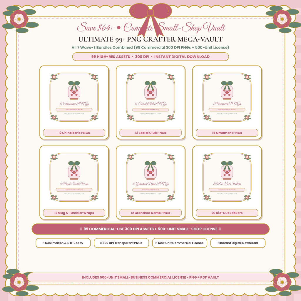 ULTIMATE 99+ PNG CRAFTER MEGA-VAULT (AG-DIG-34) — Soft Feminine Boutique Hero Cover Card (300 DPI Instant Digital Download) | American Grace USA