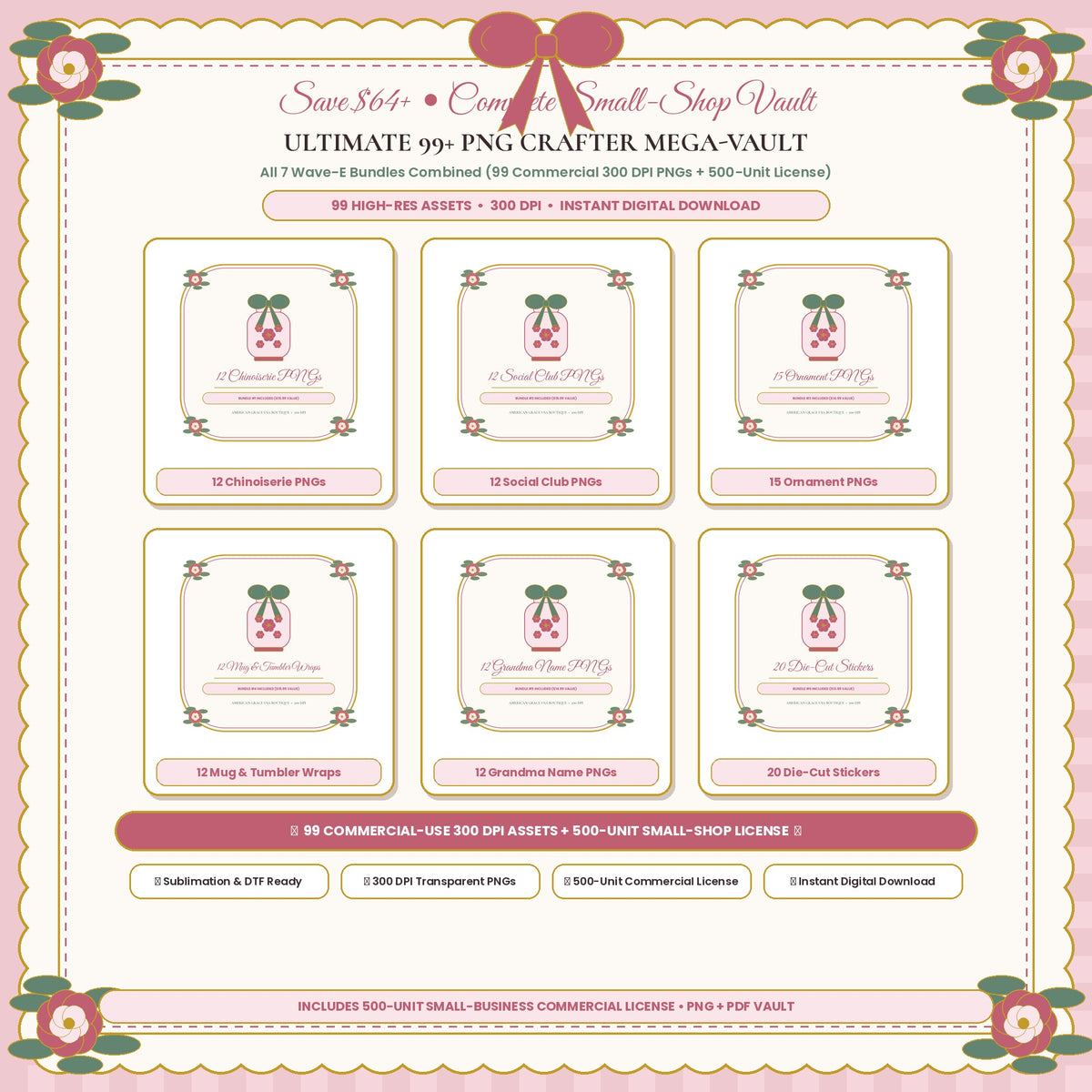 ULTIMATE 99+ PNG CRAFTER MEGA-VAULT (AG-DIG-34) — Soft Feminine Boutique Hero Cover Card (300 DPI Instant Digital Download) | American Grace USA