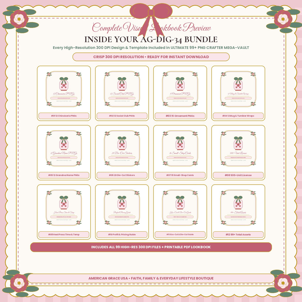 ULTIMATE 99+ PNG CRAFTER MEGA-VAULT (AG-DIG-34) — Complete 300 DPI Visual Preview Grid of All Included Designs | American Grace USA