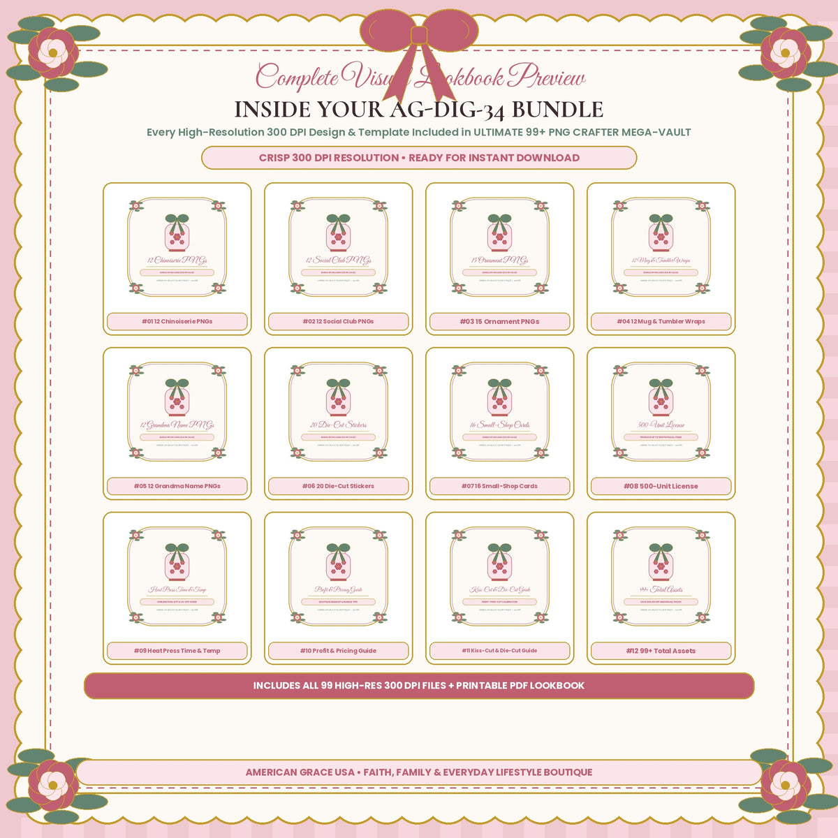 ULTIMATE 99+ PNG CRAFTER MEGA-VAULT (AG-DIG-34) — Complete 300 DPI Visual Preview Grid of All Included Designs | American Grace USA