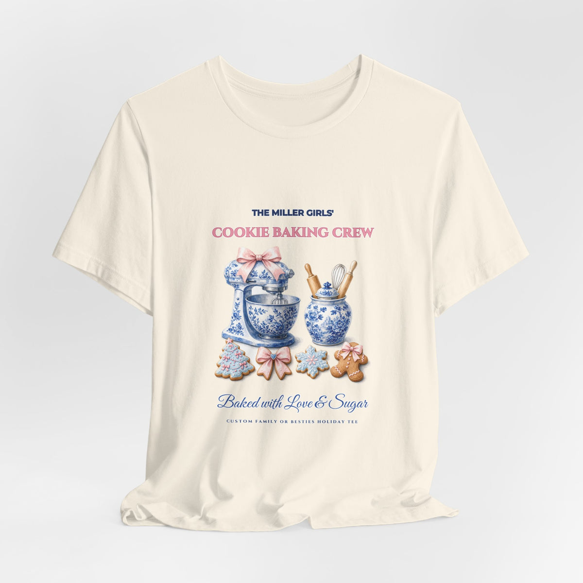 Personalized Custom Family or Besties Christmas Cookie Baking Crew Shirt | Chinoiserie Stand Mixer & Coquette Bow Bella+Canvas 3001 Tee
