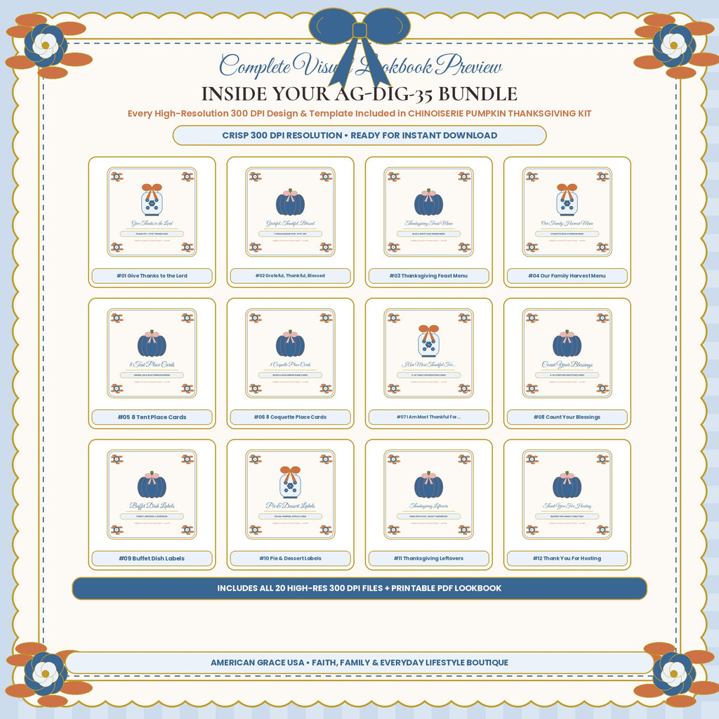 CHINOISERIE PUMPKIN THANKSGIVING KIT (AG-DIG-35) — Complete 300 DPI Visual Preview Grid of All Included Designs | American Grace USA