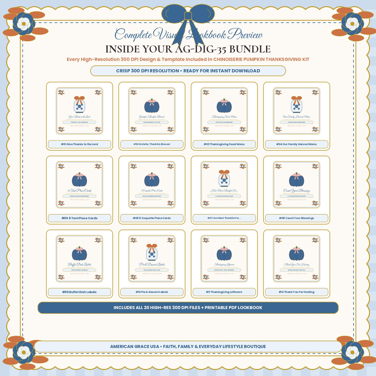 CHINOISERIE PUMPKIN THANKSGIVING KIT (AG-DIG-35) — Complete 300 DPI Visual Preview Grid of All Included Designs | American Grace USA