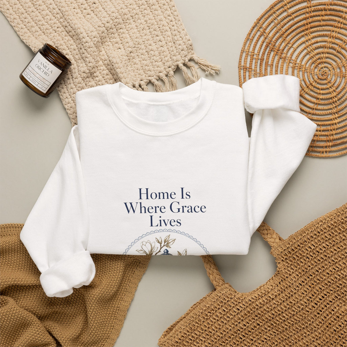 Home Is Where Grace Lives Crewneck Sweatshirt | Mother Daughter Matching Chinoiserie Magnolia Sweatshirt, Southern Christian Gift