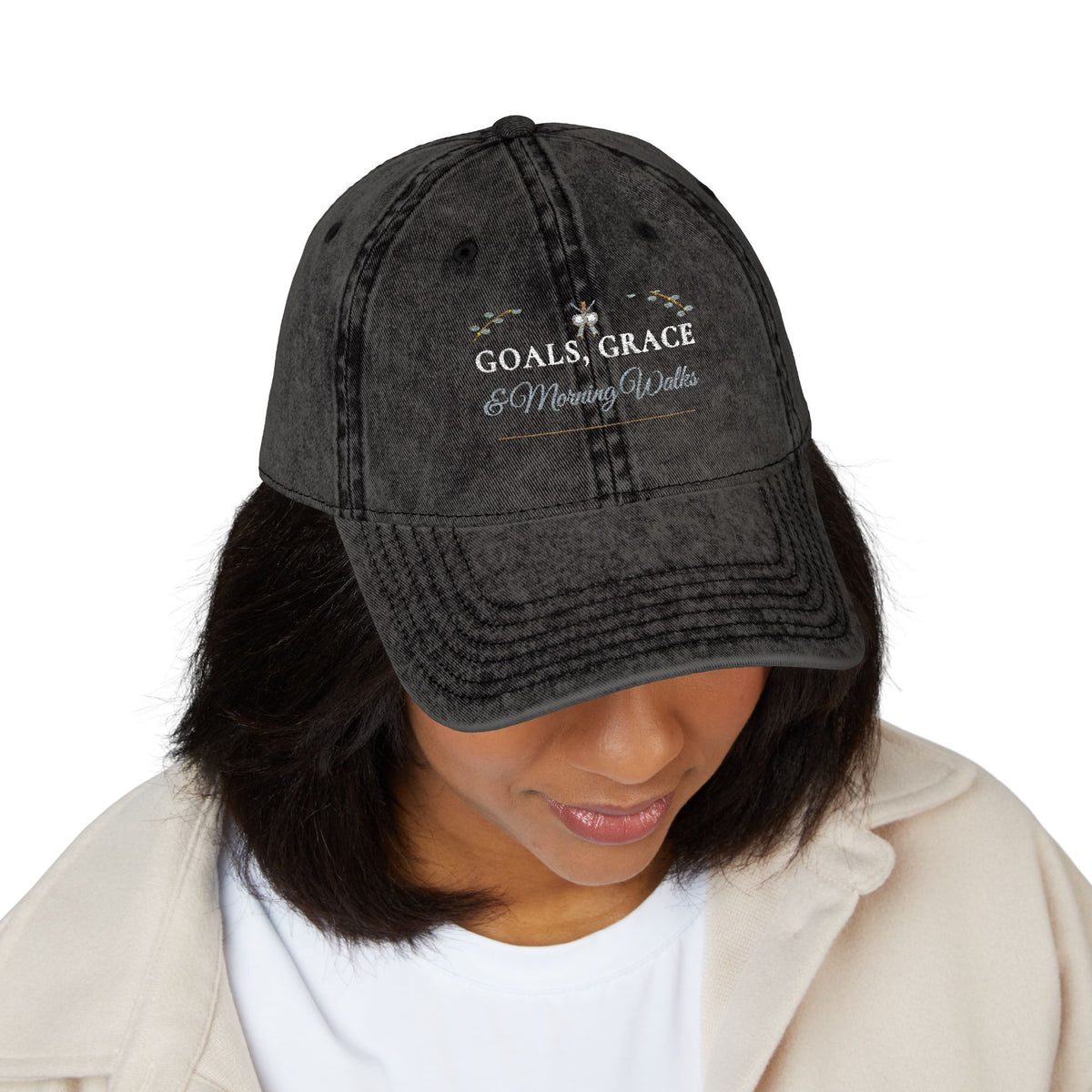 "Goals, Grace & Morning Walks" Embroidered Vintage Washed Dad Cap | Christian Women's Walking Club Baseball Hat