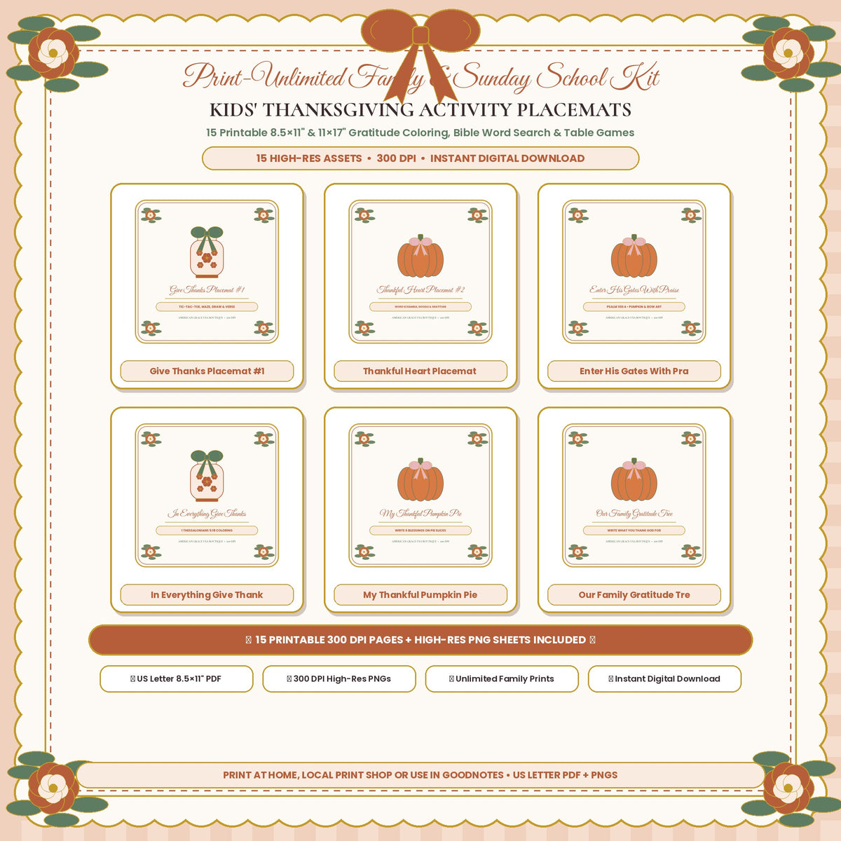 KIDS' THANKSGIVING ACTIVITY PLACEMATS (AG-DIG-36) — Soft Feminine Boutique Hero Cover Card (300 DPI Instant Digital Download) | American Grace USA